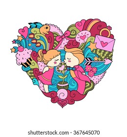 Happy Valentine's day card. Boy and girl, romantic kiss, love letter and spring flowers and birds.