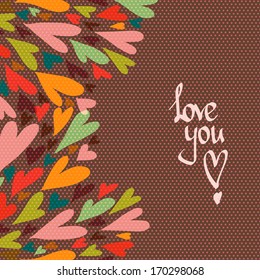 Happy Valentine's Day card in bright colors. Stylish romantic invitation card template with colorful hearts on polka dot background.
