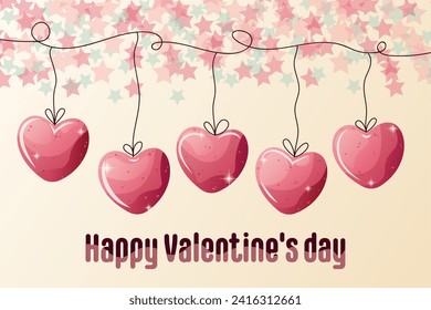Happy Valentine's Day card. Bright pink hearts on a string. Stars, twinkling. Vector illustration with gradient.