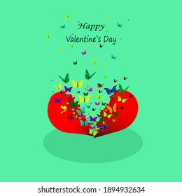 Happy Valentines Day card with broken heart and butterflys. Vector illustration.