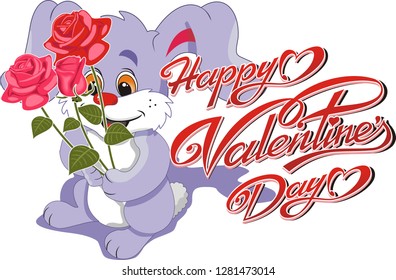 Happy Valentine's Day Card - Bunny With A Bouquet Of Roses And Inscription On White Background