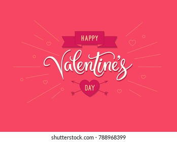 Happy Valentines Day card with calligraphy lettering text, starburst, heart icon, ribbon and arrows. Vintage poster and greeting card. Flat banner, isolated. Vector Illustration. EPS 10