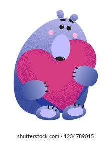 Happy Valentines Day Card. Cartoon Bear In Love. Vector Funny Kids Illustration