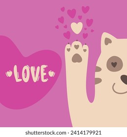Happy valentines day card. Cartoon cat with hearts