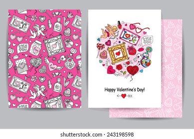 Happy valentines day card with cartoon pattern, hearts and cupids