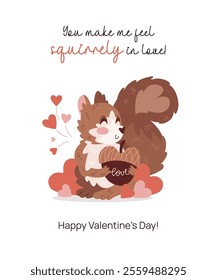 Happy Valentines Day card with cartoon hand drawn squirrel character. Romantic postcard with cute animal holding acorn in hands. Holiday love concept greeting card design. Flat vector illustration