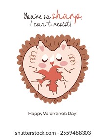 Happy Valentines Day card with cartoon hand drawn hedgehog character. Romantic postcard with cute animal holding red heart in hands. Holiday love concept greeting card design. Flat vector illustration