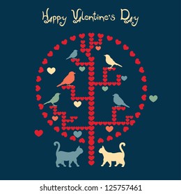 Happy valentines day card. Cat and birds under the tree of love.