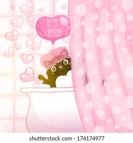 Happy Valentines Day card with cat. Cute vector illustration