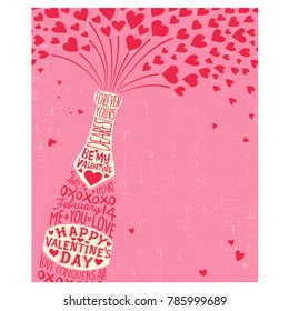 Happy Valentine's Day card with champagne bottle, hearts, and handwritten love phrases. Vector Illustration.