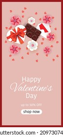 Happy Valentine's Day card with chocolate, flowers, envelope and gift box. Template for banners, cards, invitations, advertisements. Vector template.  