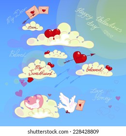 happy valentines day card with clouds, hearts, pigeons, arrows and envelopes. vector illustration
