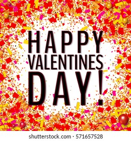 Happy Valentine's Day card with colorful glitter, confetti and beads explosion in red and golden colors. Bright valentines day card with golden and red elements. Vector illustration for your design.