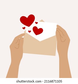 Happy Valentine's Day card concept. Hands hold an envelope with a letter. Vector flat illustration