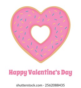 Happy Valentine's Day - card, congratulation, post on social networks. Glazed donut - heart. Cute cartoon pink donut. Vector illustration.