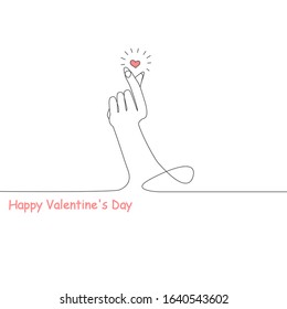 Happy Valentine's Day card, continuous line. Red heart is a symbol of love. Finger click, hand gesture. One line drawing. Minimalistic vector illustration with the ability to edit.