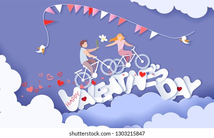 Happy Valentine's day card with couple riding bicycle over big letters on blue sky background. Vector paper art illustration. Paper cut and craft style.