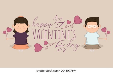 Happy valentines day card with a couple and hearts