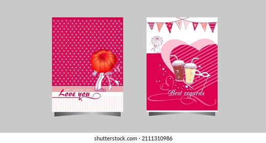 happy valentines day card with couple lovers under umbrella