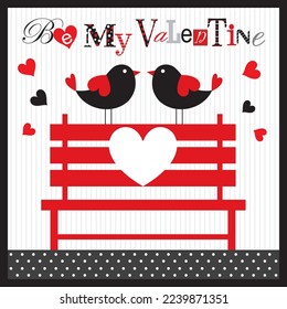 Happy valentine's day card with a couple of love birds and bench