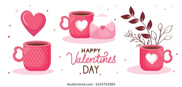 happy valentines day card with cups coffee and decoration vector illustration design