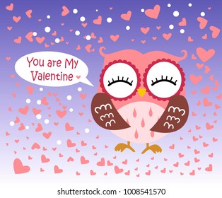 Happy Valentine's Day! Valentine's Day card with cute flat pink owl on gradient blue background. Vector illustration. You are mine, And I am yours.