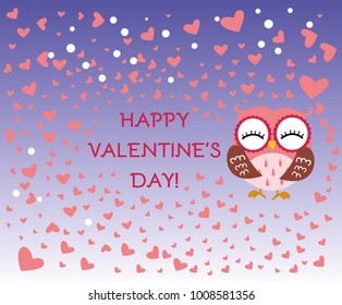 Happy Valentine's Day! Valentine's Day card with cute flat pink owl on gradient blue background. Vector illustration. Happy Valentine's Day!