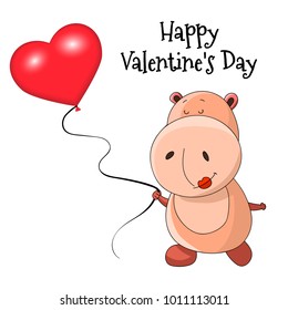 Happy Valentine's day card. Cute cartoon hippo with red heart shaped balloon. Vector illustration.