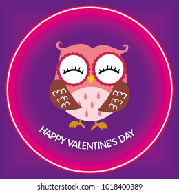 Happy Valentine's Day! Valentine's Day card with cute flat happy pink owl on gradient neon red and ultra violet background. Vector illustration.  