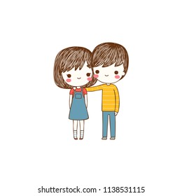 Happy valentine's day card with cute girl and boy hugging and in love, Love card, greeting card, poster, party invitation. Flat design. Colored vector illustration.