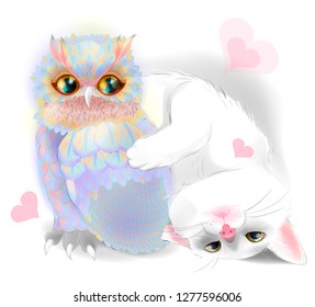 Happy Valentines Day card with cute Cat and owl. Cat and owl are friends.