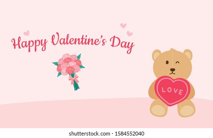 Happy Valentine's Day Card with Cute Teddy Bear Cartoon Holding a Heart with a Rose Bouquet