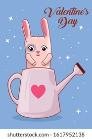 happy valentines day card cute bunny in sprinkler garden vector illustration design