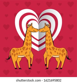 happy valentines day card with cute giraffes couple vector illustration design