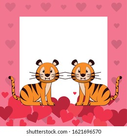happy valentines day card with cute tigers couple vector illustration design