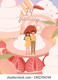 Happy Valentine's day card with cute couple and dessert vector illustration