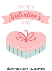 Happy valentines day card. Cute card with a gift in the form of a heart. Romantic card with gift box. Vector illustration. Flat hand drawn style.