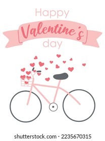 Happy valentine's day card. Cute postcard with a bicycle and hearts. Romantic card with a bicycle carrying hearts. Vector illustration. Flat hand drawn style.