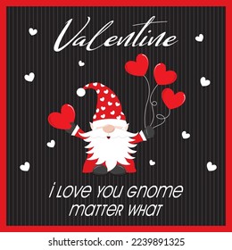 Happy valentine's day card with cute gnome and hearts
