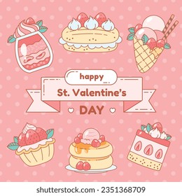 Happy Valentine's day card. Cute cartoon illustration of strawberry desserts on a pink polka dot background. Vector 10 EPS.