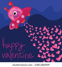 happy valentines day card with cute monster in aerospace vector illustration