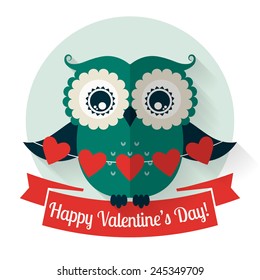 Happy Valentine's Day! Valentine's Day card with cute flat owl. Vector illustration.