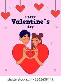 Happy Valentine`s day card with cute couple. Vector illustrations in modern style.