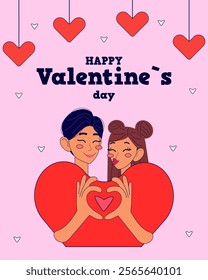 Happy Valentine`s day card with cute couple. Vector illustrations in modern style.