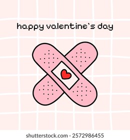 Happy Valentine's day card with cute pink patch in kawaii style. Present, gift, wedding celebration. Y2k