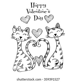 Happy Valentines Day card with cute Cats. Hand drawing illustration.
