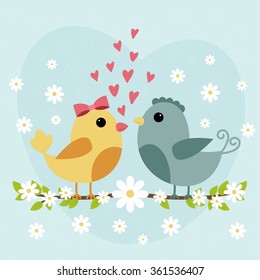 Happy Valentines Day card with cute bird couple. Vector illustration