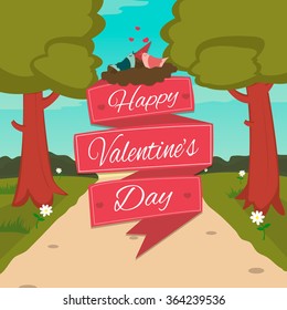 Happy Valentines Day card with cute bird couple. Vector illustration
