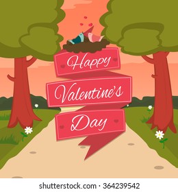 Happy Valentines Day card with cute bird couple. Vector illustration