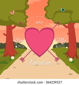 Happy Valentines Day card with cute bird couple. Vector illustration